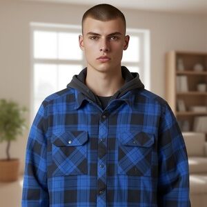 Men’s Boston Traders Blue & Black Plaid Lined Hooded Fleece Shacket